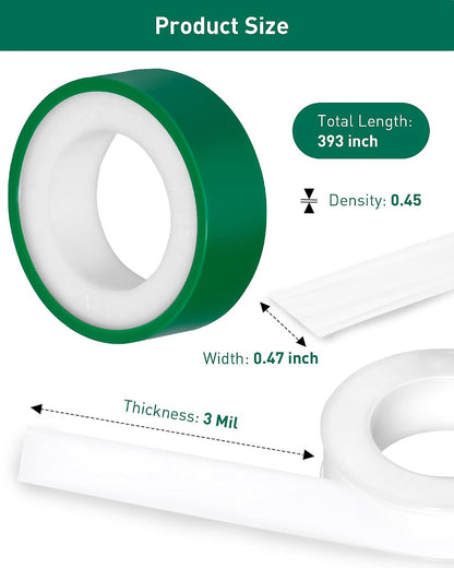 3 Roll Plumbers Tape, Teflon Water Pipe Sealing Tape, High-Density Thickening and Lengthen, High-Sealing Performance Waterproof Duct, Thread Seal, L 590 in x W 0.51 in. White