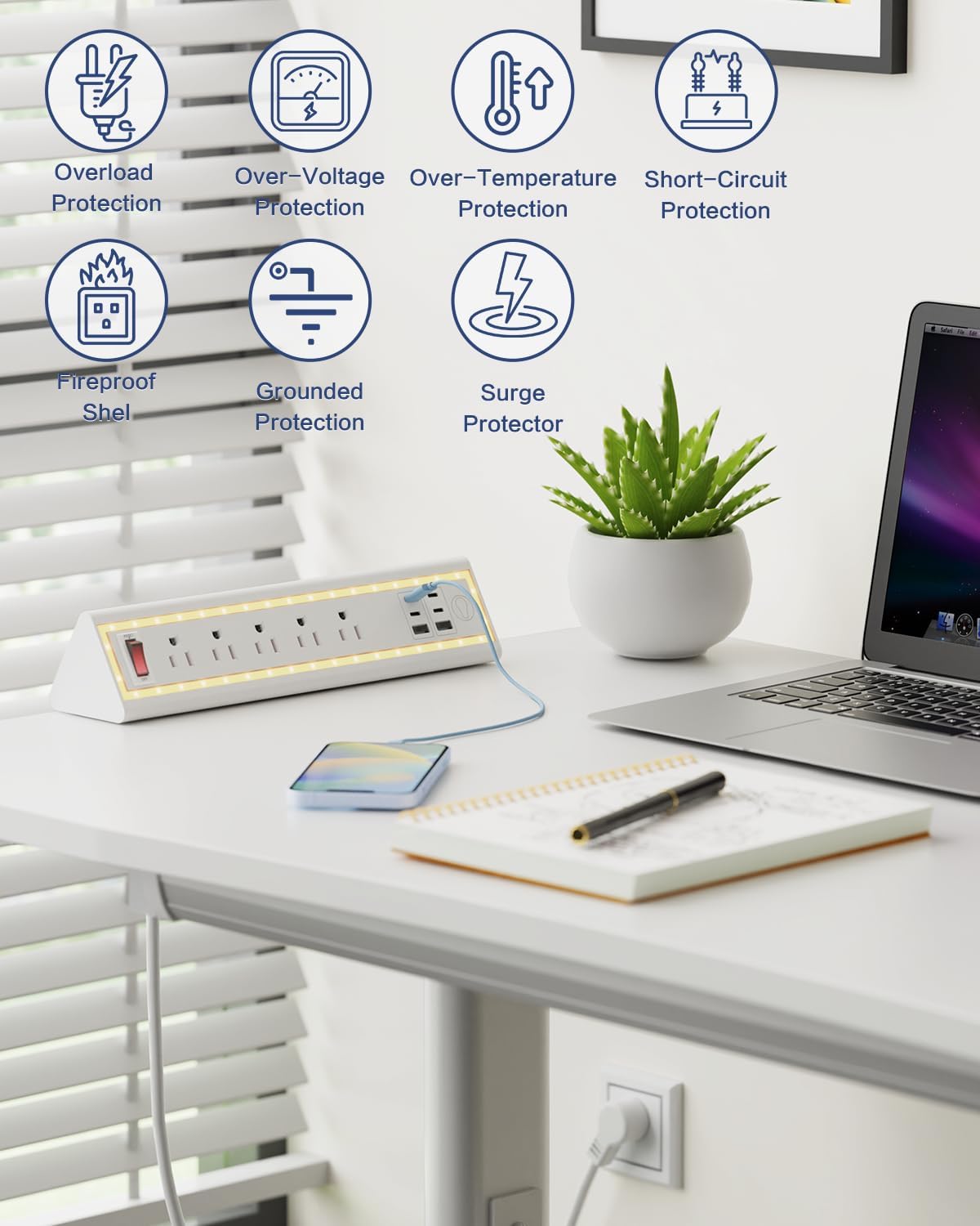 Desk Clamp Power Strip with Nightlight, 40W Fast Charging, 10FT Extension Cord, 4x20W USB-C & 2 USB Ports, 5 AC Outlets, Fits 1.69-Inch Table Edges
