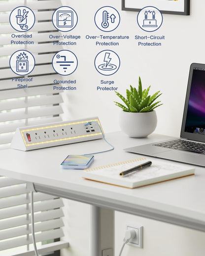 Desk Clamp Power Strip with Nightlight, 40W Fast Charging, 10FT Extension Cord, 4x20W USB-C & 2 USB Ports, 5 AC Outlets, Fits 1.69-Inch Table Edges