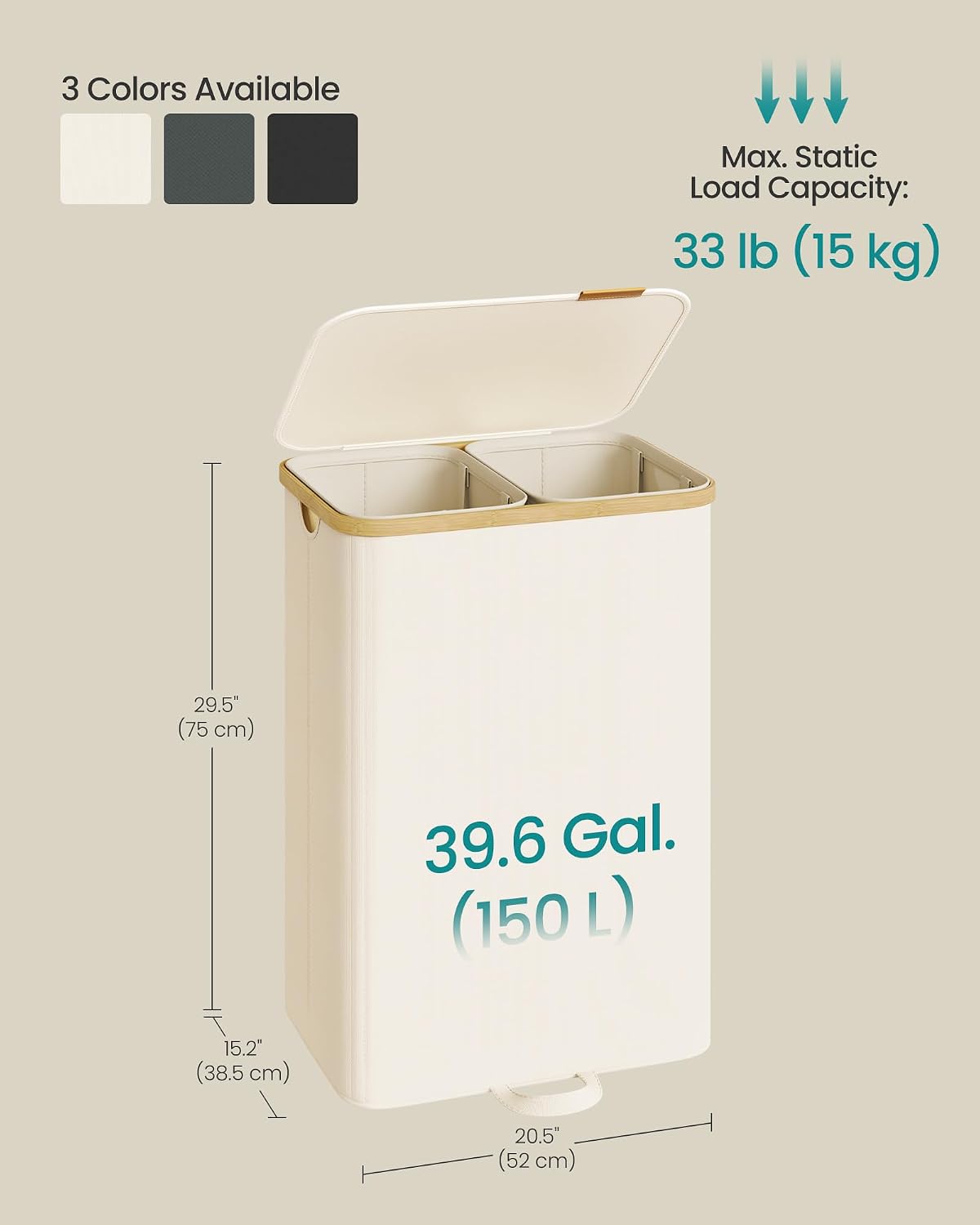 SONGMICS Laundry Hamper, Laundry Sorter with Lid, Storage Basket Bin, Removable Liners, Bamboo Frame, for Bedroom, 3 Sections, 44.9 Gal. (170 L), Ink Black ULCB533BH01