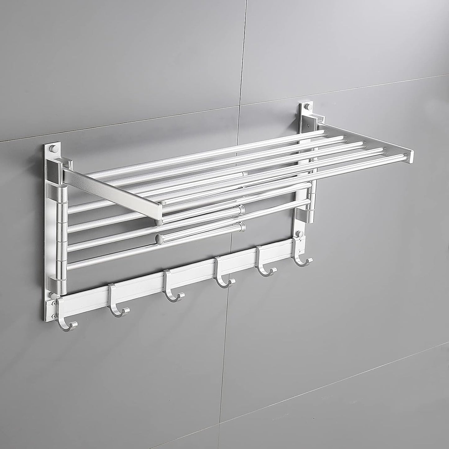 Laundry Clothes Drying Rack, Wall Mounted Swivel Towel Rack with Hooks and Swing Arms, Space Saver in Laundry Room and Bathroom, Space Aluminum