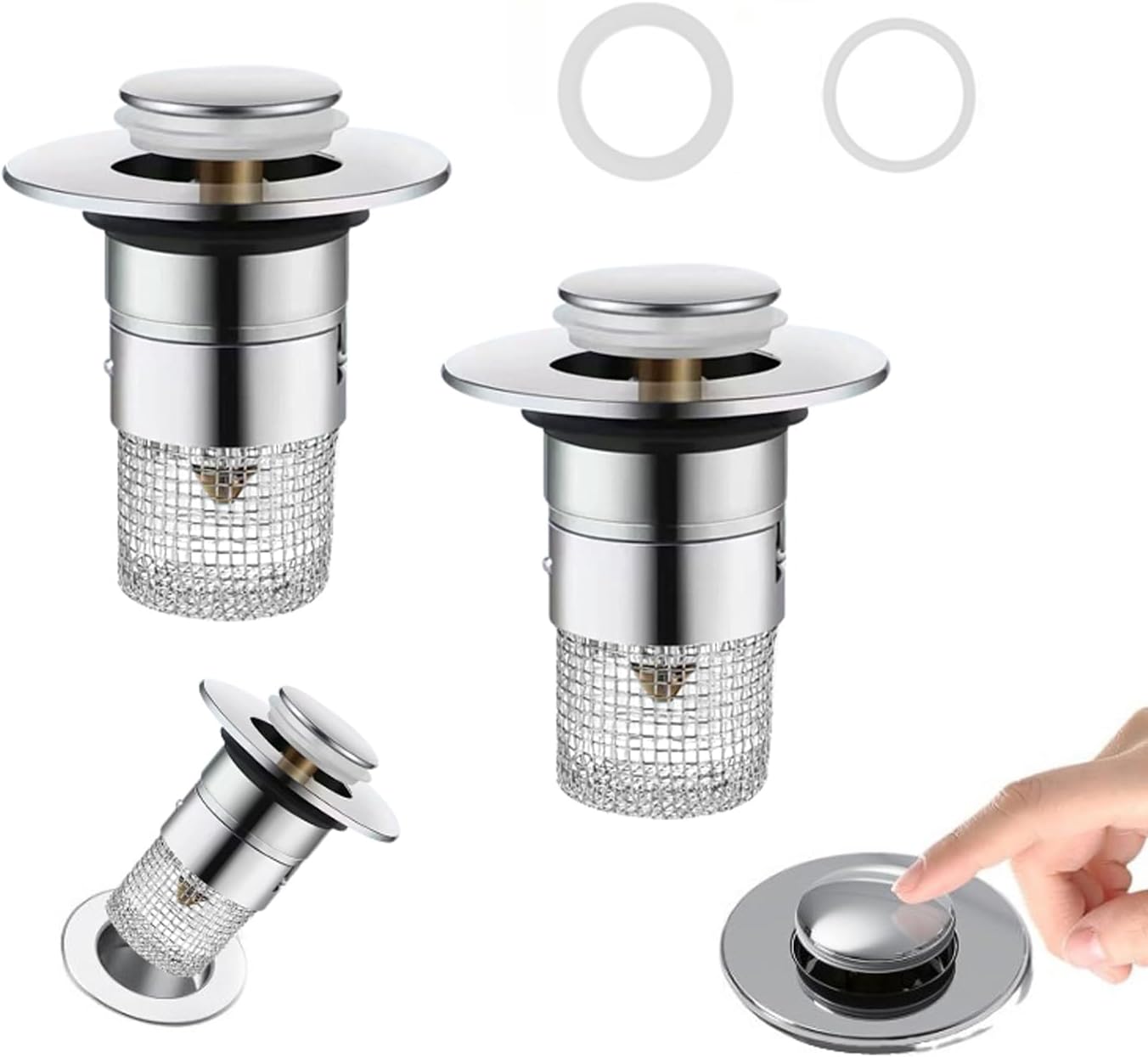 Bathroom Sink Drain Strainer, Pop Up Sink Drain Strainer with Removable Stainless Steel Filter Basket Hair Catcher, Sink Drain Plug for Bathroom Sink Stopper Replacement (Silver)