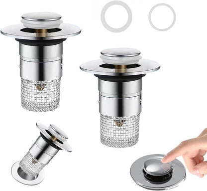 Bathroom Sink Drain Strainer, Pop Up Sink Drain Strainer with Removable Stainless Steel Filter Basket Hair Catcher, Sink Drain Plug for Bathroom Sink Stopper Replacement (Silver)