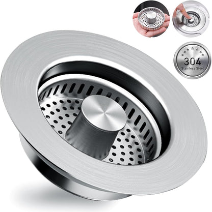 3 in 1 Kitchen Sink Drain Strainer [304 Stainless Steel Pop Up] Anti-Clogging Kitchen Sink Drain Stopper Stainless Steel Efficiently Drainage Odor Filter Sink Plug for Us Standard 3-1/2 Inch