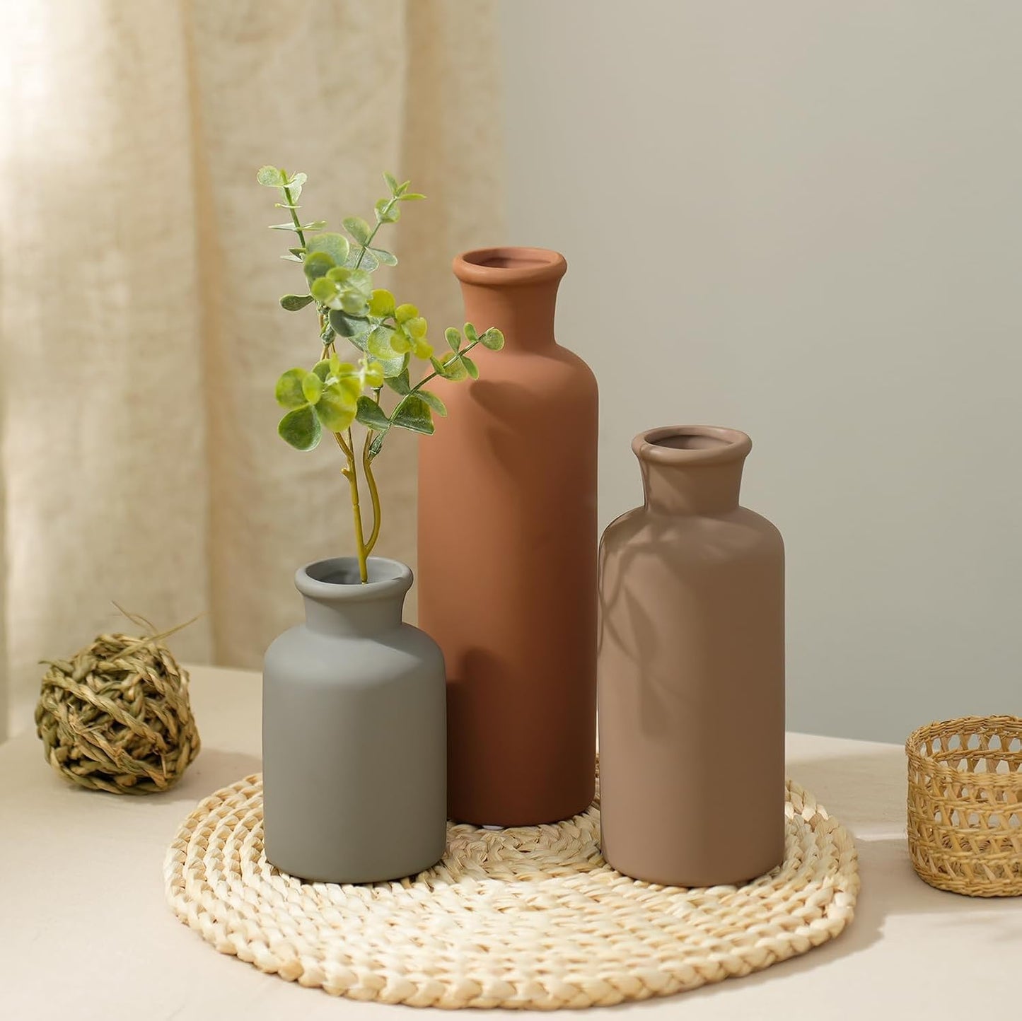 Ceramic Vase Set of 3, Modern Minimalist Neutral Home Decor, Boho Rustic Farmhouse Decorative Vases for Pampas Grass Dried Flowers | Table Centerpiece Entryway Mantel Bookshelf(Black Mix Set - Gray#1)