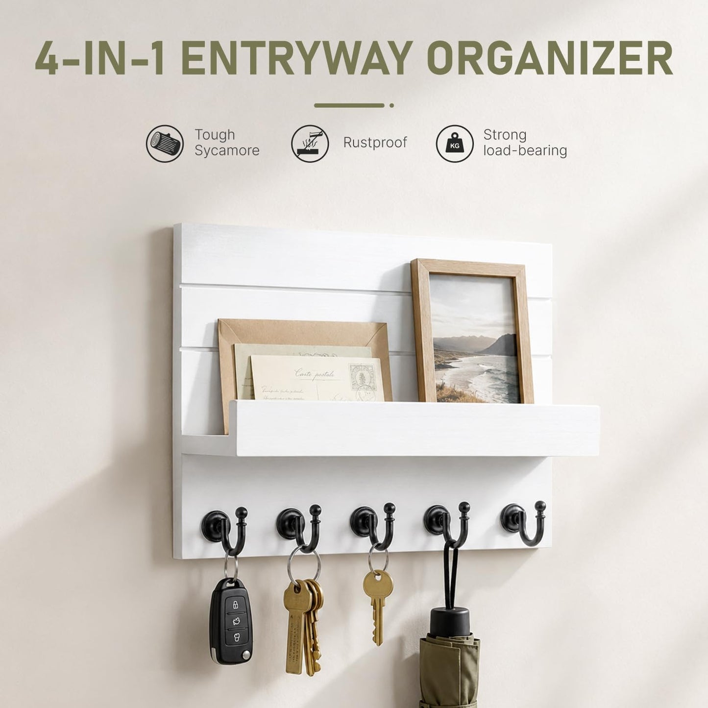 HONJIN Key Holder for Wall: Easy Installation Mail Organizer Wall Mount Hanging Key Rack for Kitchen and Entryway Decor with 5 Sturdy Key Hooks (White)