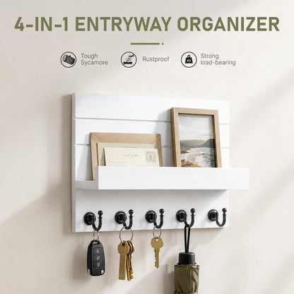 HONJIN Key Holder for Wall: Easy Installation Mail Organizer Wall Mount Hanging Key Rack for Kitchen and Entryway Decor with 5 Sturdy Key Hooks (White)
