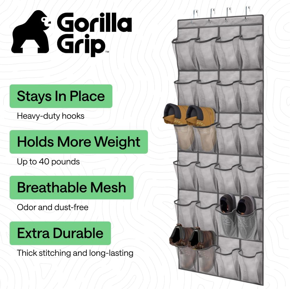 GORILLA GRIP Over the Door Shoe Organizer, 24 Large Breathable Mesh Pockets, Space Saving Hanging Storage Holder, Closet Rack Hanger Holds Up to 40 lbs, Hangs on Closets for Shoes, Accessories, Grey