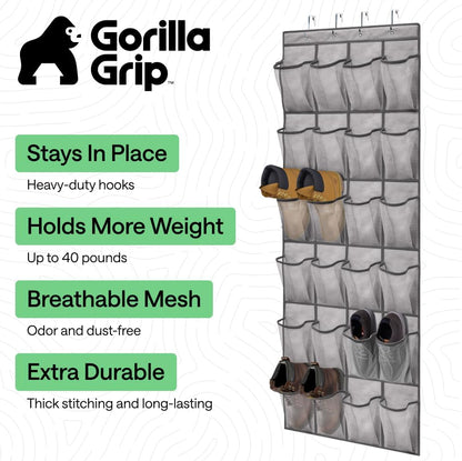 GORILLA GRIP Over the Door Shoe Organizer, 24 Large Breathable Mesh Pockets, Space Saving Hanging Storage Holder, Closet Rack Hanger Holds Up to 40 lbs, Hangs on Closets for Shoes, Accessories, Grey