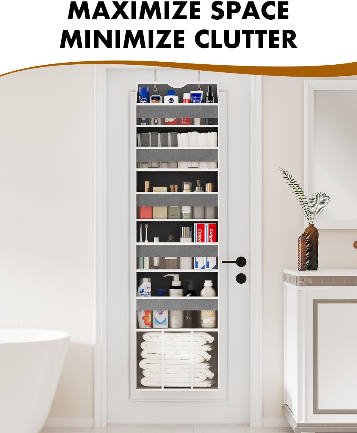Over the Door Hanging Organizer - Closet Door Organizer and Storage with Large Pockets, Swing-Proof Behind The Door Organizer for Bathroom Nursery (Grey, 1 Pack -Extra Large 6 Tier)