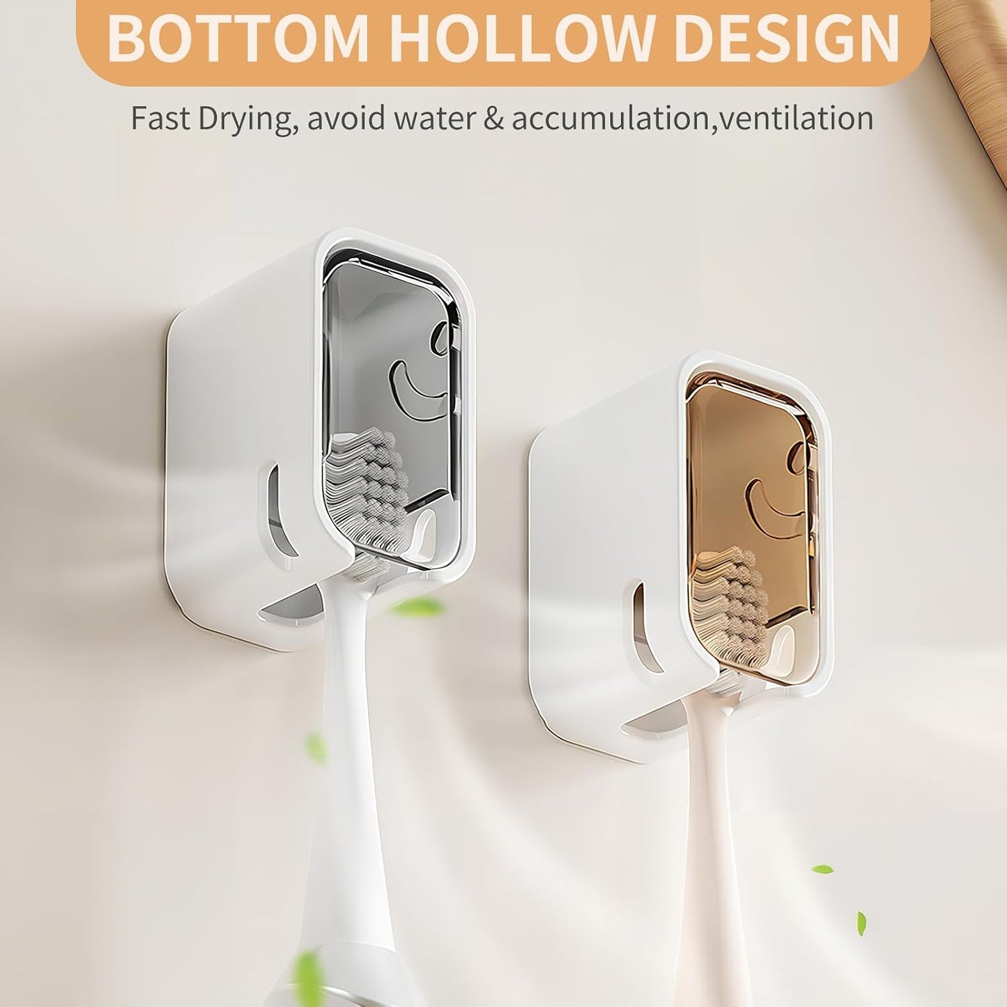 Wall Mounted Toothbrush Holders for Bathroom,Strong Self Adhesive Tooth Brush Holder with Cover, Toothbrush Heads Organizer for Family, 2 Pcs