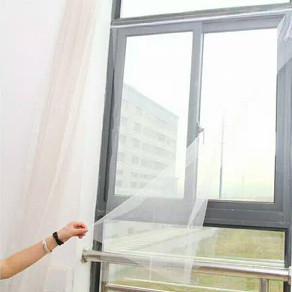 Flyzzz DIY Self-Adhesive Window Screen Netting Mesh Curtain, 100X150cm (Approach 39.37x59.05 Inches), with Hook and Sticky Tape, Fitted to Multiple Windows (White)