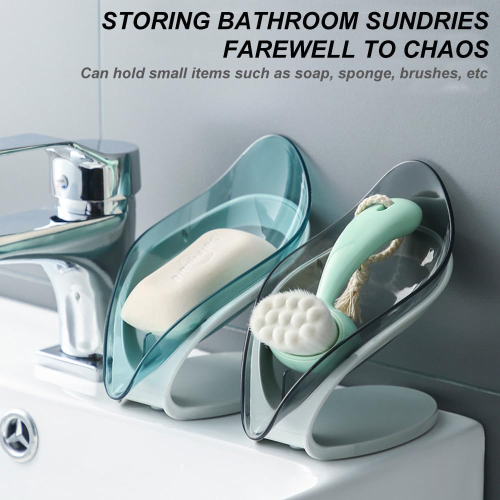 H&W 2Pcs Self Draining Soap Holder,Suction Cup Soap Dish,Shower Soap Bar Holder,Leaf Shape Soap Holder,Soap Dish Dispenser for Shower, Bathroom, Kitchen Sink (Grey + Blue)