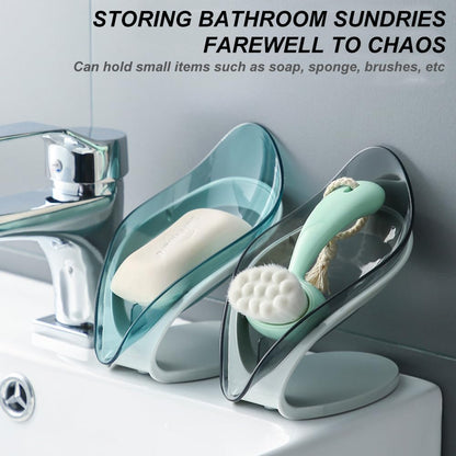 H&W 2Pcs Self Draining Soap Holder,Suction Cup Soap Dish,Shower Soap Bar Holder,Leaf Shape Soap Holder,Soap Dish Dispenser for Shower, Bathroom, Kitchen Sink (Grey + Blue)