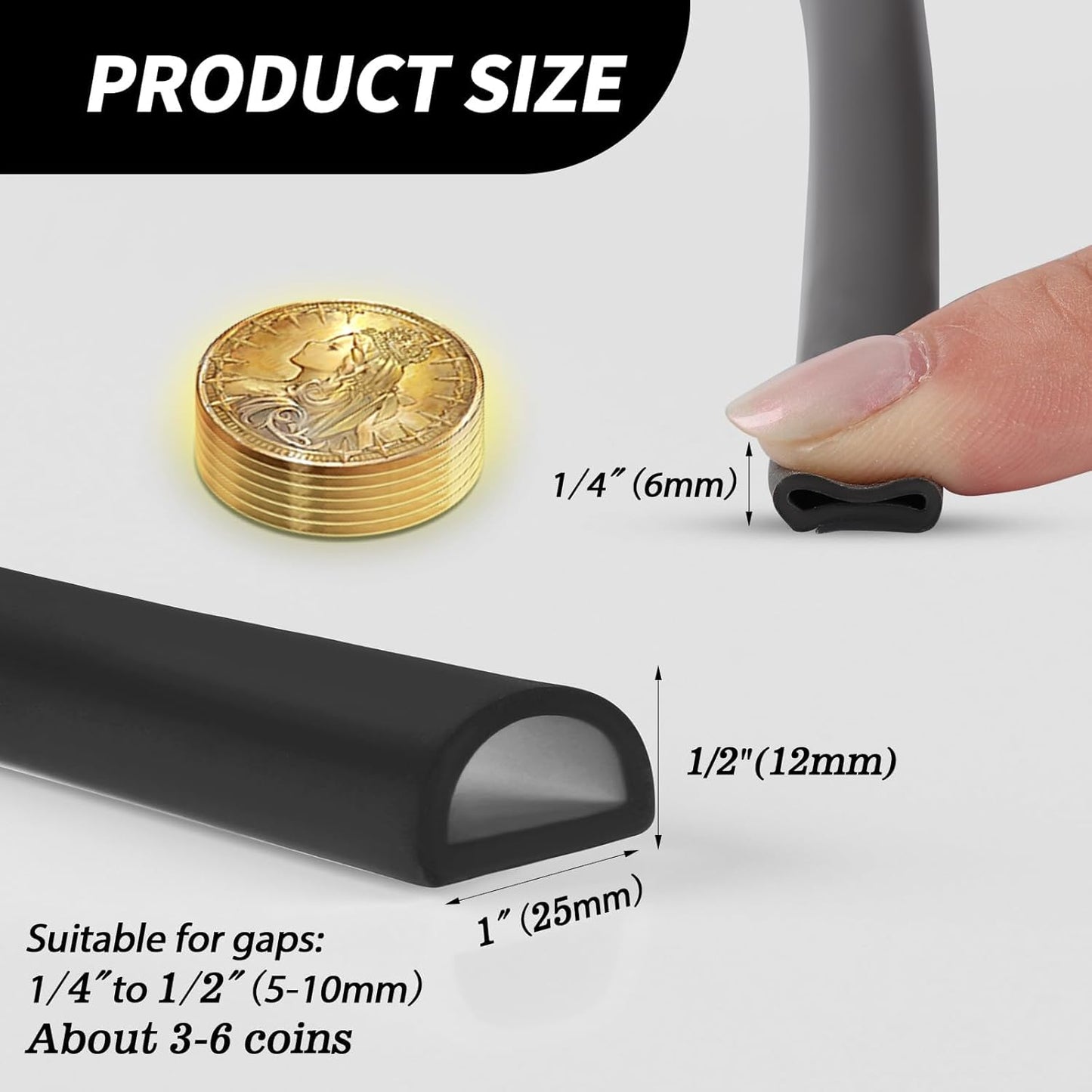 Silicone Weather Stripping Door Seal, 20FT Self Adhesive D Shaped Door Seal Strip for Door Frame, Door Insulation Strip Window Seal, W:1 in; H:1 in; 20Feet