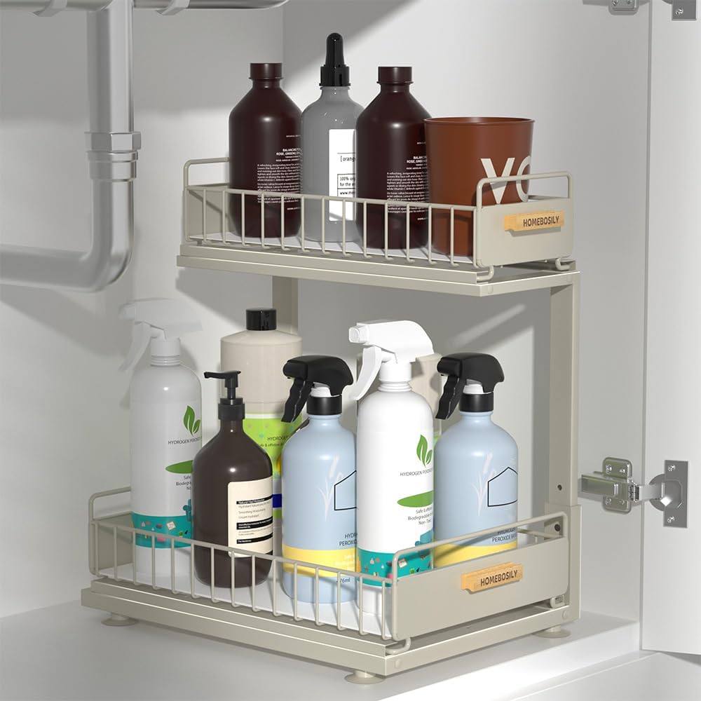 Under Sink Organizer Kitchen - Upgraded Professional Rails, 2 Tier Dual Pull Out Cabinet Storage, Height Adjustable Under Sink Storage, Metal Sliding Drawer for Kitchen & Bathroom, White, 2 Pack
