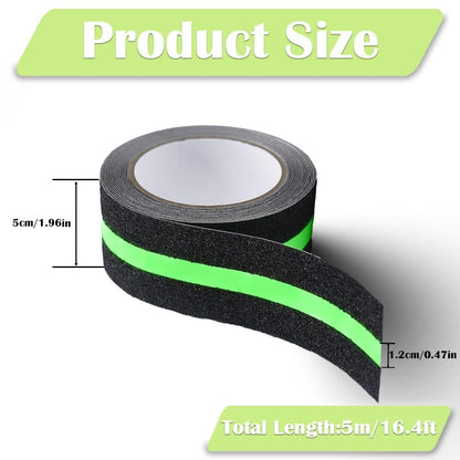 1Roll 5cmx5m Anti-Slip Traction Tape with Glow in the Dark Stripe, Waterproof Non-Skid Adhesive for Stairs, Steps, Outdoor & Indoor Use, High-Traction Safety Treads for Kids & Seniors (Black)