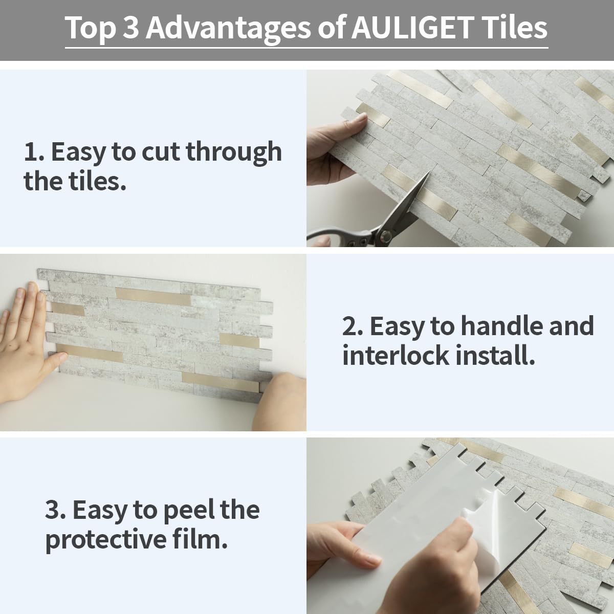 AULIGET 20 Sheets Peel and Stick Backsplash, Black & Grey Wood Look PVC Mixed Metal Stick on Backsplash Tiles for Kitchen
