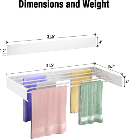 Wall Mounted Drying Rack 31.5", 5 Aluminum Poles, 60 lb. Load Capacity, Foldable, Retractable, Space Saving Clothes Drying Rack (31.5" White)