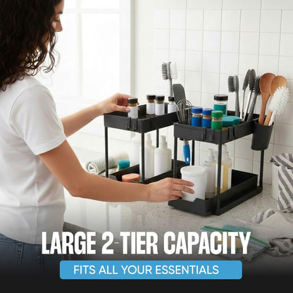 Undersink Organizer, 2-Tier Under Sink Storage Rack with Sliding Drawers for Kitchen Bathroom Cabinets, Pull Out Organizer for Pantry, Laundry Room & Closet Organization - 1 Pack, Black