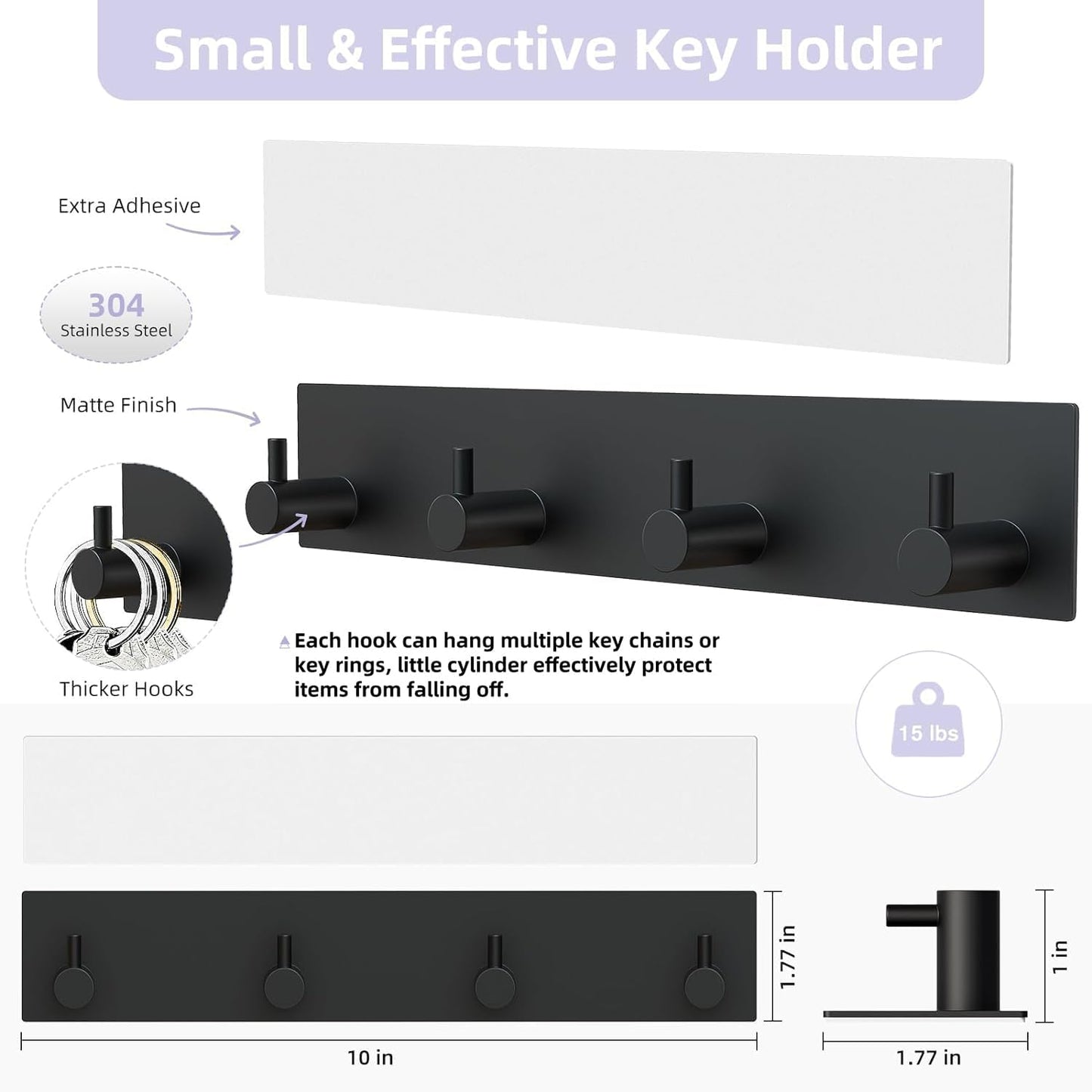 VIS'V Key Holder Wall Mount, Large Adhesive Key Hanger with 4 Hooks, Black | Metal Material, No Drilling, Extra Adhesive Strip, Suitable for Entryway, Hallway, Doorway, Kitchen, Garage, Camper