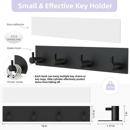 VIS'V Key Holder Wall Mount, Large Adhesive Key Hanger with 4 Hooks, Black | Metal Material, No Drilling, Extra Adhesive Strip, Suitable for Entryway, Hallway, Doorway, Kitchen, Garage, Camper