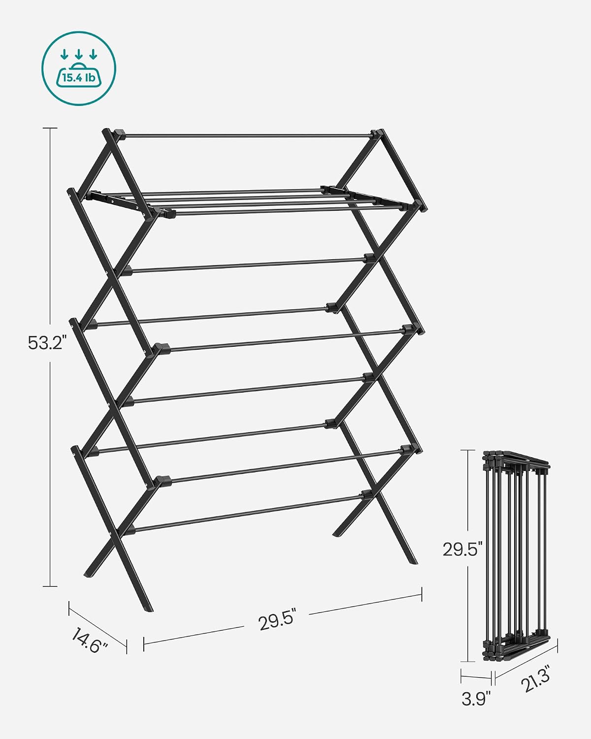 SONGMICS Foldable Clothes Drying Rack, Laundry Drying Rack, Clothes Airer, Steel Frame, 14.6 x 29.5 x 53.2 Inches, Easy Assembly, Indoor Outdoor Use, White ULLR770W01