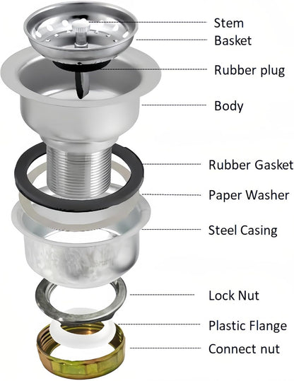 3.5" Kitchen Sink Deep Cup Drain Strainer with Rustproof Gasket | 304 stainless steel| Deep cup holds more debris| Leak-proof rubber gasket | Fit 3.5" standard kitchen sinks with mounting nut