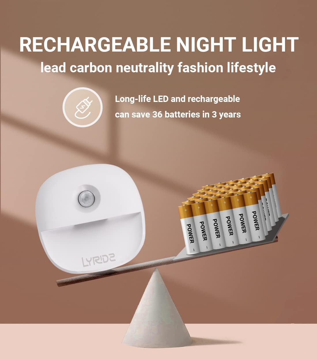Lyridz Rechargeable Night Light, Motion Sensor Battery Nightlight, Mini Stick-on LED Closet Light, 1-20LM Dimmable Brightness for Bathroom, Bedroom, Kitchen, Washroom, Stairs, Hallway, 3-Pack