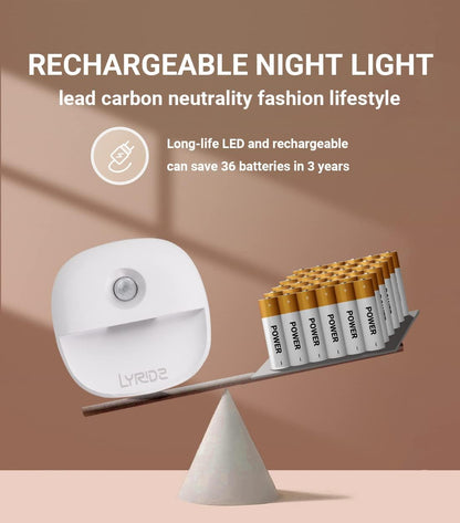 Lyridz Rechargeable Night Light, Motion Sensor Battery Nightlight, Mini Stick-on LED Closet Light, 1-20LM Dimmable Brightness for Bathroom, Bedroom, Kitchen, Washroom, Stairs, Hallway, 3-Pack