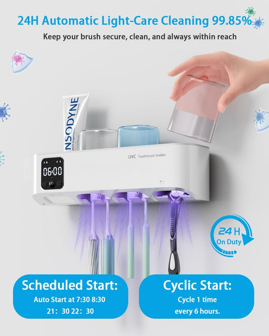 Toothbrush Sanitizer and Holder, Toothbrush Holders for Bathroom, Tooth Brush Wall-Mounted Cleaner Organizer with Auto-Inductive Cover, Air Drying Fits Most Electric, Manual and Kids’ Toothbrushes