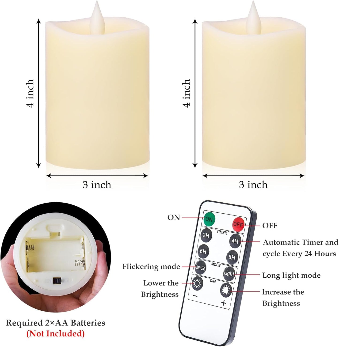 3"x4" Flickering Flameless Battery Candles with Timer, White Realistic LED Pillar Candles, Set of 2 Large Remote-Operated Candles for Home Indoor/Outdoor & Holiday Decor