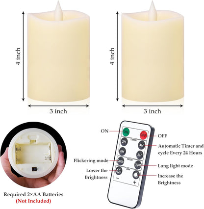 3"x4" Flickering Flameless Battery Candles with Timer, White Realistic LED Pillar Candles, Set of 2 Large Remote-Operated Candles for Home Indoor/Outdoor & Holiday Decor