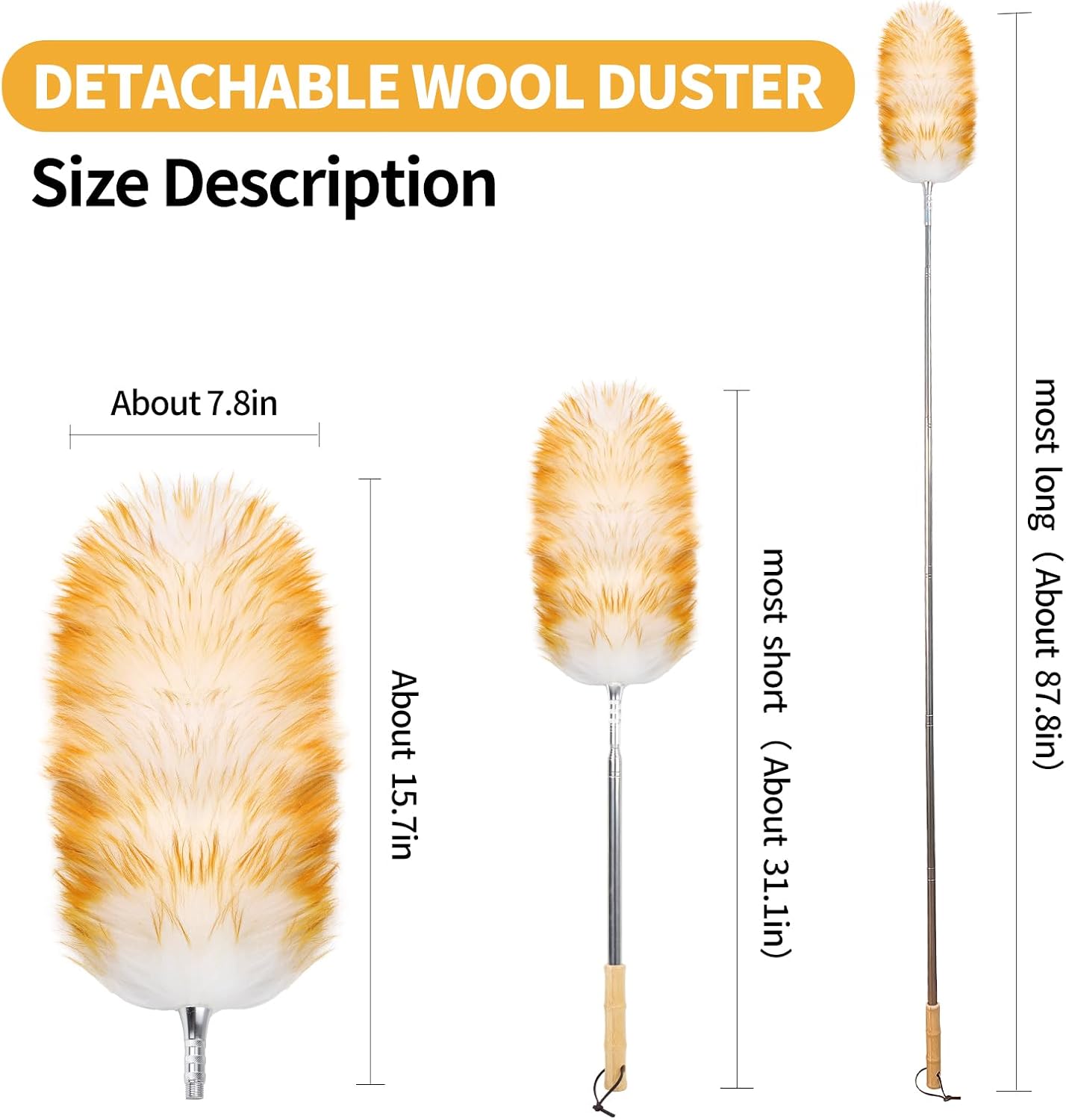 Extendable Lambswool Duster 29-110 Inch,Anti-Static Flexible Head, Stainless Steel Pole for Cleaning High Ceiling,Fan,Furniture,Roof Dusting