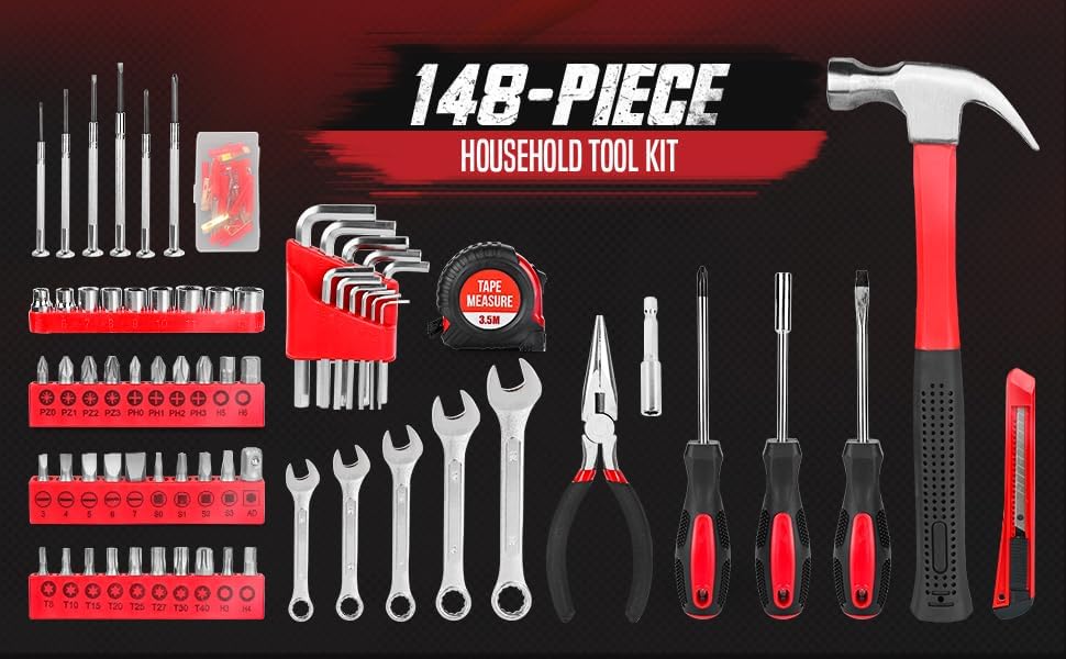 148-Piece Household Tool Kit with Sturdy Case – Carbon Steel Hand Tool Set for Home Repair, Apartment & Garage – DIY Toolbox for Men, Women & Beginners