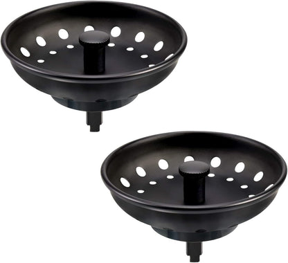 KONE 2PCS Kitchen Sink Basket Strainer Replacement for 3-1/2 Inch Standard Drains Brushed Stainless Steel Body Metal Center Knob with Rubber Stopper