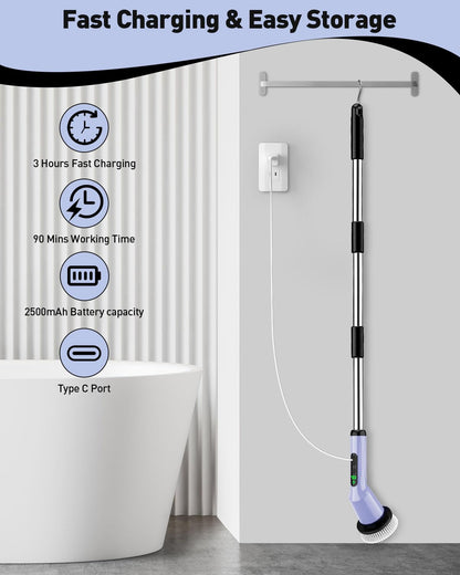 Shower Scrubber with Long Handle, Shower Cleaner Brush with 8 Floor Machine Pads, Cordless Electric Spin Scrubber for Cleaning with 2 Speed, Cleaning Supplies for Bathroom Bathtub Kitchen Floor Tile