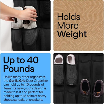 GORILLA GRIP Over the Door Shoe Organizer, 24 Large Breathable Mesh Pockets, Space Saving Hanging Storage Holder, Closet Rack Hanger Holds Up to 40 lbs, Hangs on Closets for Shoes, Accessories, Grey