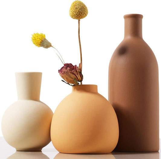 Joeabor Ceramic Vase Set of 3 - Handcrafted Ceramic Vases for Home Decor & Shelf - Modern Farmhouse Decor for Kitchen, Office, Bedroom & Living Room Decorative Objects for Mantel, Table Centerpieces