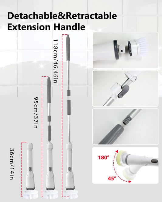 UBeesize Electric Spin Scrubber,Long Cordless Cleaning Brush,Rotatable Shower Scrubber with 8 Replaceable Heads,Adjustable Detachable Handle Bathroom Scrubber for Bathtub,Tile,Floor and Car Cleaning