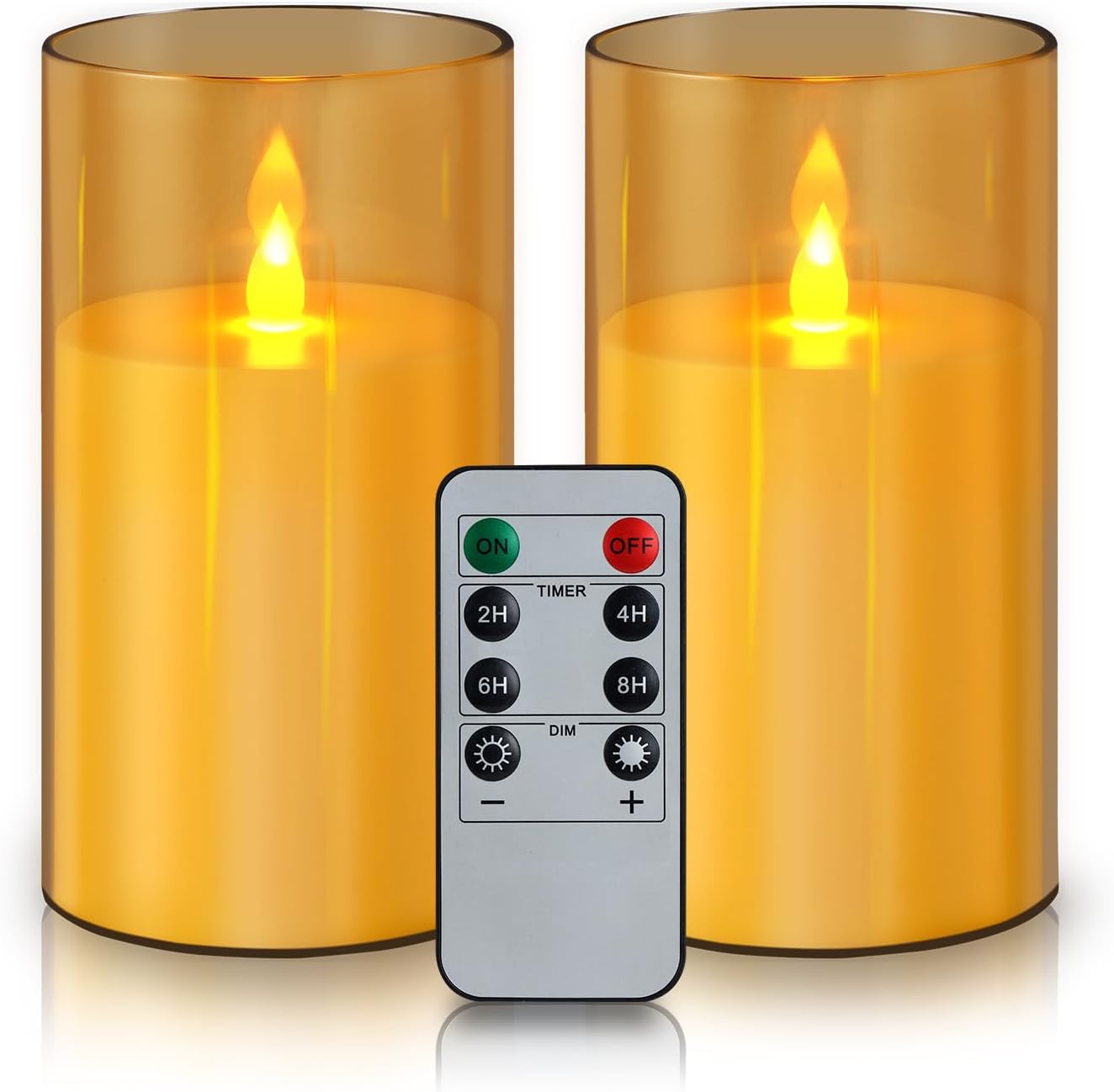wemarry Flameless Candles 4" 5" 6" Acrylic Glass Pillars 3" Diameter Battery Operated Flickering Candles Include 8-Key Remote with Timer Function 400+ Hours (Amber, Warm Light 3 Pack)
