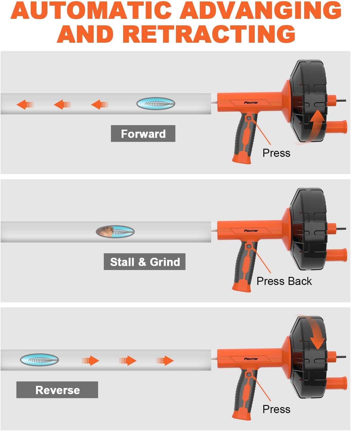 33FT Drain Snake Auger with Auto-Feed Manual/Powered, Drain Clog Remover Tool for Sink, Toilet, Shower & Tub, Professional Plumbing Snake, Gloves & Storage Drum, Easy Clear Hair Clogs