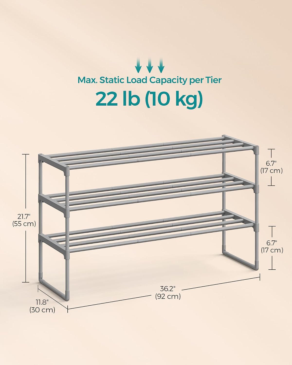 SONGMICS Shoe Rack, 6-Tier Shoe Organizer, Metal Storage Shelf, Upright or Upside Down, for 24-30 Pairs, Stackable, for Entryway, 11.8 x 36.2 x 42.7 Inches, Black ULSA306BH01