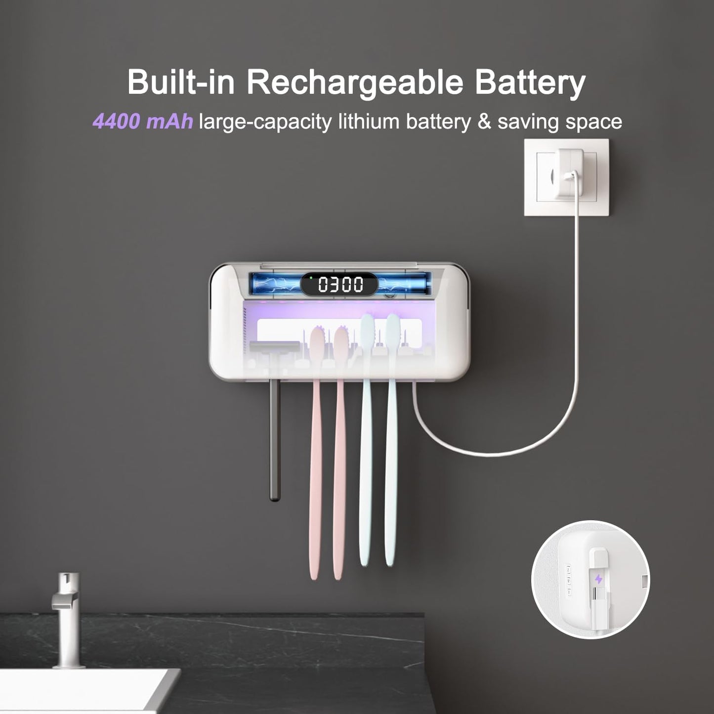 UV-C Toothbrush Sanitizer Case, Dual Light Cleaner Cover with Clear Window, USB-C Rechargeable Travel Holder for Electric and Manual Brushes, White