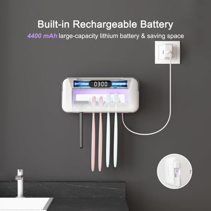 UV-C Toothbrush Sanitizer Case, Dual Light Cleaner Cover with Clear Window, USB-C Rechargeable Travel Holder for Electric and Manual Brushes, White