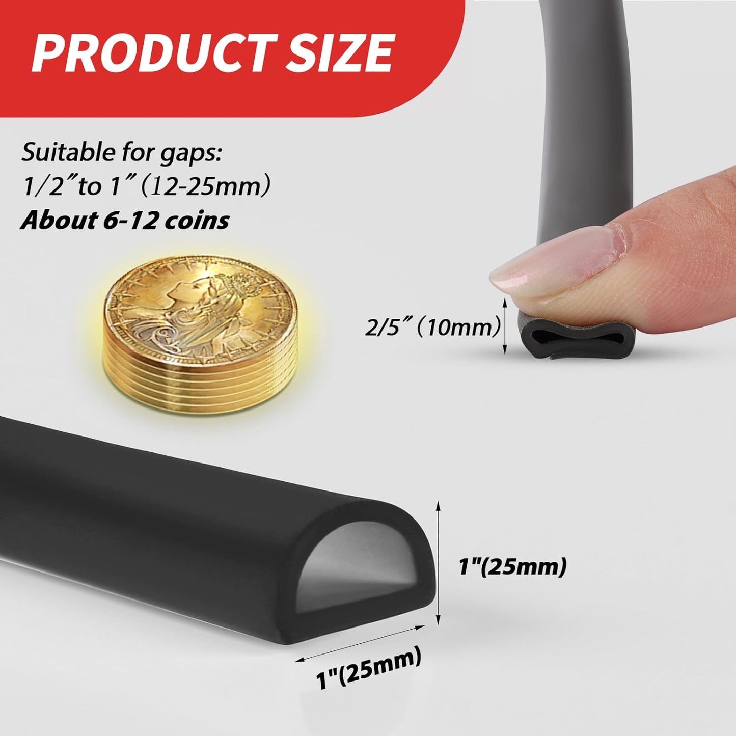 Silicone Weather Stripping Door Seal, 20FT Self Adhesive D Shaped Door Seal Strip for Door Frame, Door Insulation Strip Window Seal, W:1 in; H:1 in; 20Feet