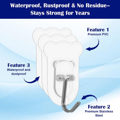 20Pcs Heavy Duty Adhesive Hooks, 5 kg/11 lbs Max Load, Sticky Wall Hooks for Hanging Towels, Coats, Keys, Transparent Waterproof No-Damage Wall Hook for Bathroom, Kitchen, Office & Home Decor