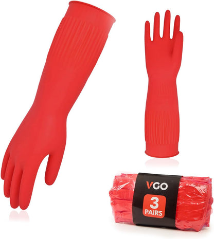 Vgo... 1-Pair Reusable Long Sleeve Thick Latex Dishwashing Gloves - Kitchen, Cleaning, Washing, Working, Painting, Gardening, Pet Care (Size M, Red, RB2143)