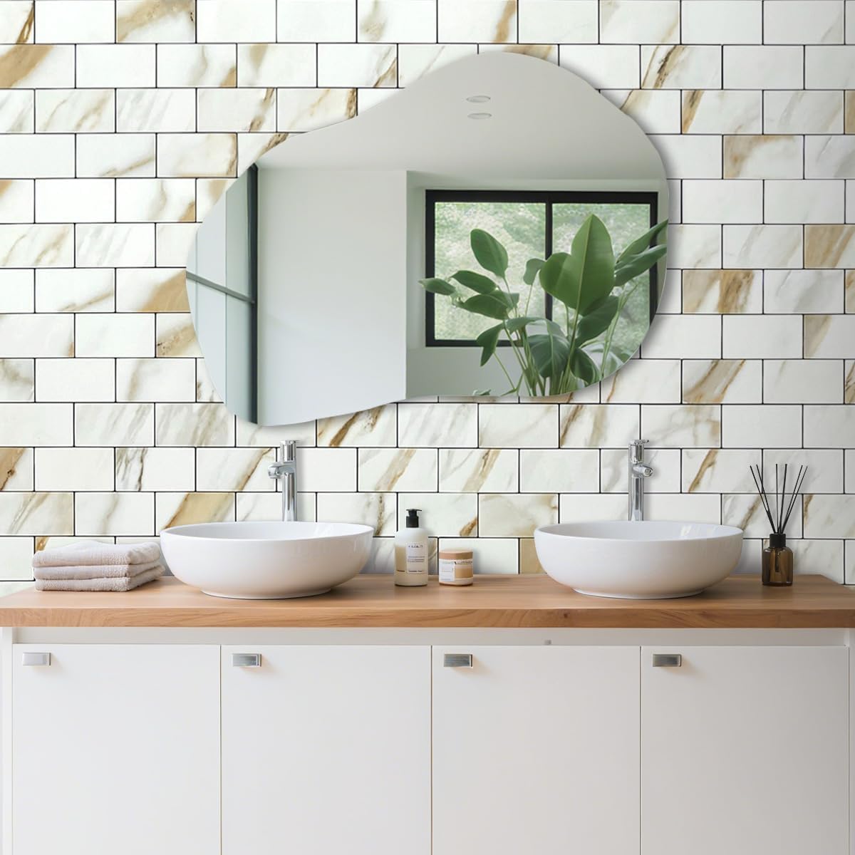 DICOFUN 10-Sheet Polished White Thick PVC Peel and Stick Backsplash, Ceramic Look Subway Tile White Kitchen Backsplash Peel and Stick Wall Tiles