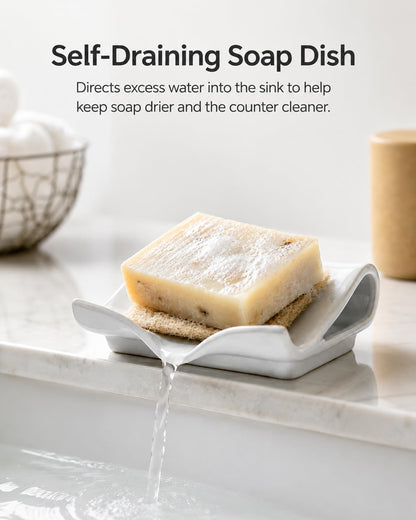 Zoeeker Self-Draining Soap Dish, Ceramic Soap Holder with Drain Spout Waterfall Drying Tray for Shower Bathroom Kitchen Sink Bathtub, Keep Soap Bars Dry, Blue